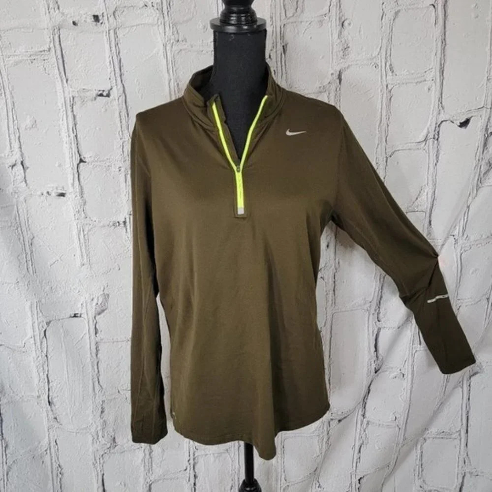 NIKE Unisex Olive Green Half Zip Athletic Running Shirt Long Sleeve Pullover M
